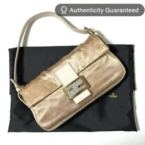 Fendi Handbags - Authentic FENDI Mamma Bucket Baguette Gold Satin Rhinestones Flap Bag Purse